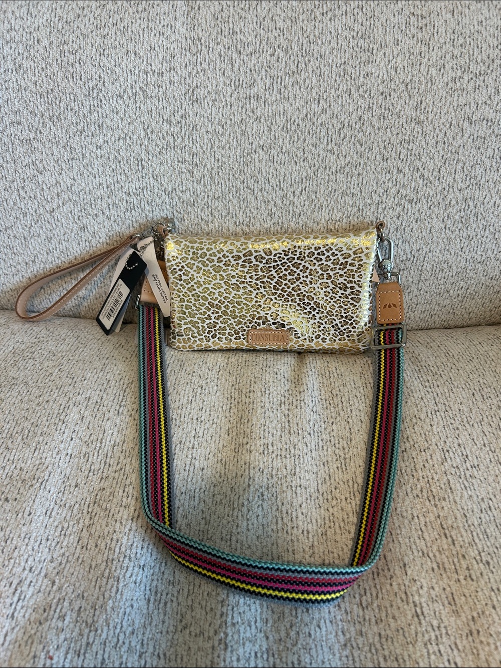 Consuela Metallic Gold Leopard Crossbody with Multicolor Striped Strap
